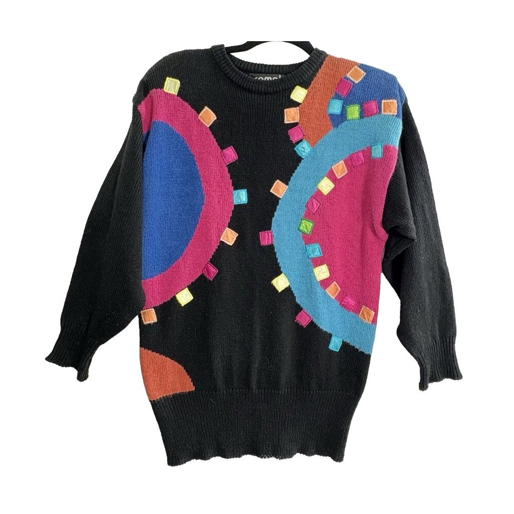 Vtg Women Geometric Design Shoulder Pads Pullover Sweater Sz L Multicolor‎ 94-1
